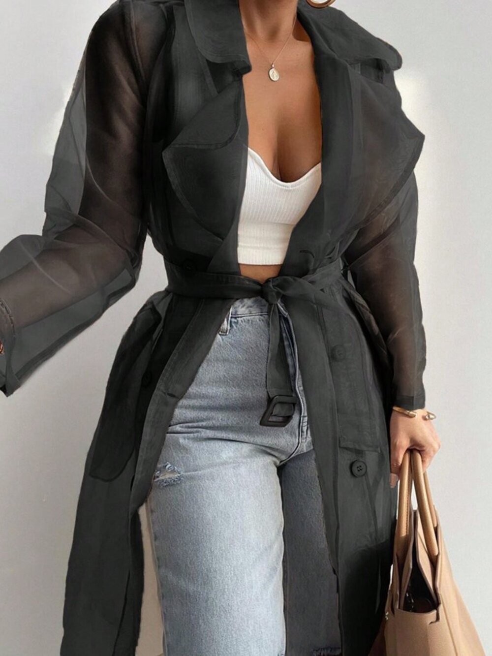 Dark Grey Casual Women's Sheer Mesh Long Sleeve Tie-Front Trench Coat - Picture 2 of 3